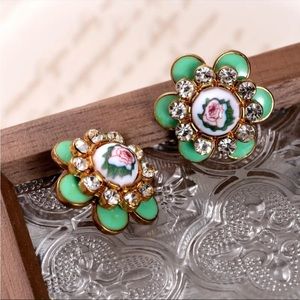 Green Floral Cameo Clip Earrings Rhinestone Enamel Gold Tone Vintage Style NWT